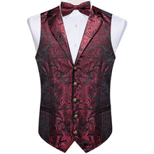 Red Floral Jacquard V Neck Vest Neck Bow Tie Handkerchief Cufflinks Set