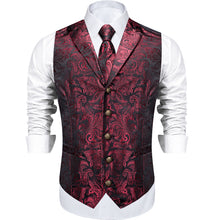 Red Floral Jacquard V Neck Waistcoat Vest Tie Handkerchief Cufflinks Set