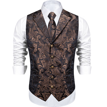 Brown Floral Jacquard V Neck Waistcoat Vest Tie Handkerchief Cufflinks Set