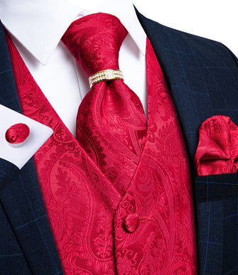 Men's Classic Red Paisley Jacquard Silk Waistcoat Vest Necktie Ring Handkerchief Cufflinks Set