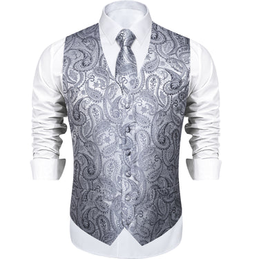 Grey Paisley Jacquard Silk Waistcoat Tie Handkerchief Cufflinks Vest Necktie Ring Set