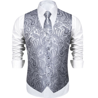 Grey Paisley Jacquard Silk Waistcoat Vest Tie Handkerchief Cufflinks Set