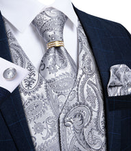 Grey Paisley Jacquard Silk Waistcoat Tie Handkerchief Cufflinks Vest Necktie Ring Set