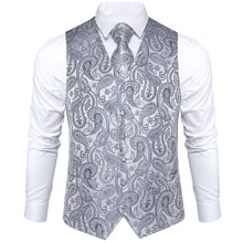 silver grey paisley mens silk vest tie set for mens suit