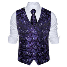 Purple Paisley Jacquard Silk Waistcoat Vest Necktie Handkerchief Cufflinks Set