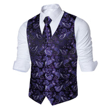 Purple Paisley Jacquard Silk Waistcoat Vest Necktie Handkerchief Cufflinks Set