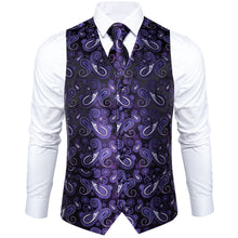 Men's Classic  Purple  Paisley Jacquard Silk Waistcoat Vest Handkerchief Cufflinks Tie Vest Suit Set (1929713909802)