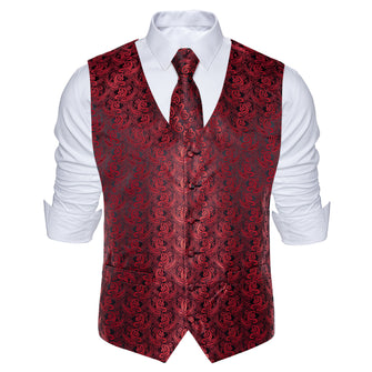 Deep Red Paisley Jacquard Silk Waistcoat Vest Tie Pocket Square Cufflinks Set