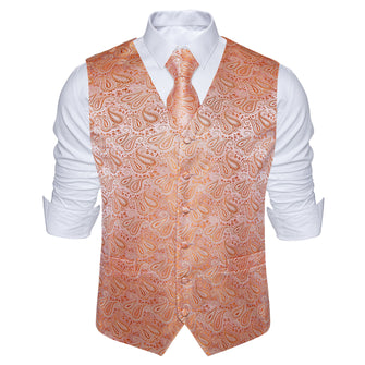 Shining Orange Paisley Jacquard Silk Waistcoat Vest Tie Handkerchief Cufflinks Set