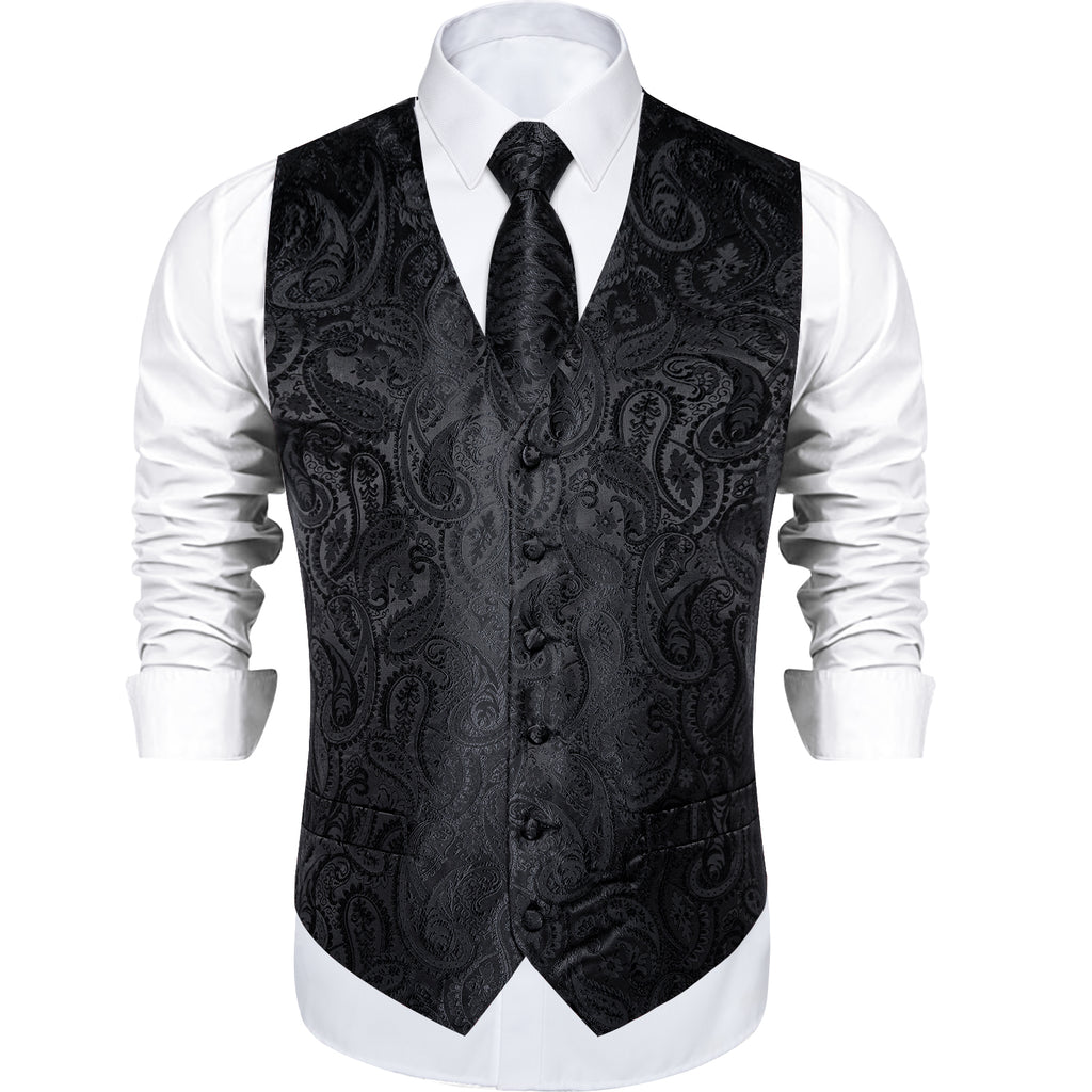 Black Paisley Jacquard Silk Waistcoat Vest Handkerchief Cufflinks Tie ...