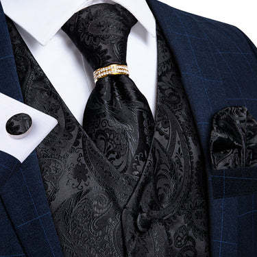 Men's Classic Black Paisley Jacquard Silk Vest Necktie Pocket square Cufflinks Ring Set