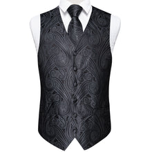 Black Knit Paisley Jacquard Silk Waistcoat Vest Tie Handkerchief Cufflinks Suit Set