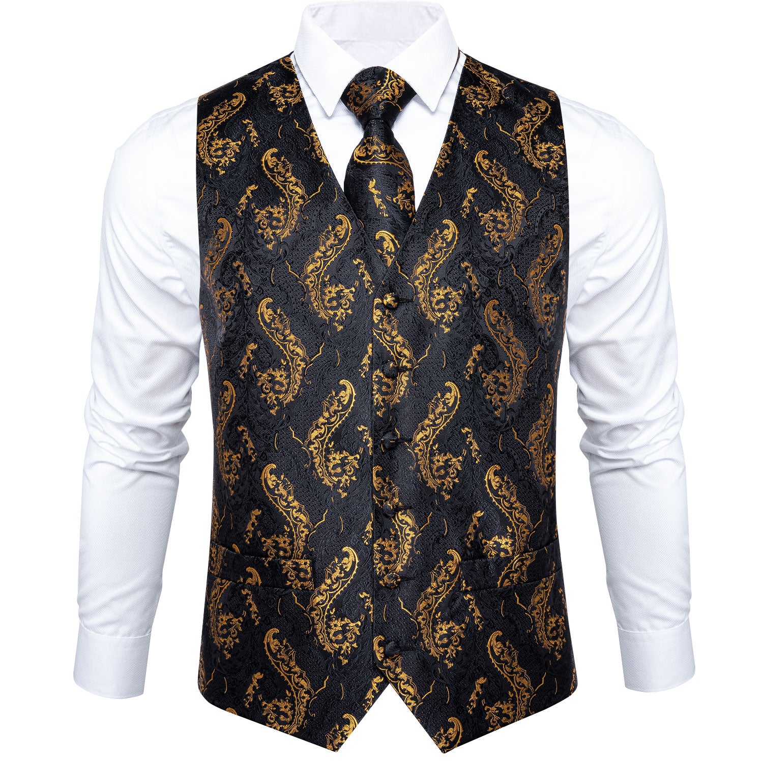 Black Gold Floral Men's Vest Dibangu Silk Vest Tie Handkerchief Cufflinks Set, S Black Gold Floral Men's Vest Dibangu Silk Vest Tie Handkerchief Cufflinks Set, S