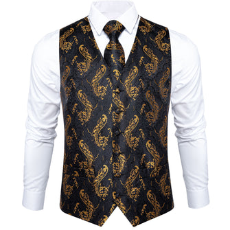 Black Gold Floral Jacquard Silk Waistcoat Vest Handkerchief Cufflinks Tie Vest Suit Set (4619704729681)