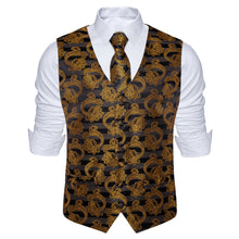 Men's Classic Golden Black Floral Jacquard Silk Waistcoat Vest Tie Pocket Square Cufflinks Set