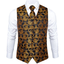 Men's Classic Golden Black Floral Jacquard Silk Waistcoat Vest Tie Poc ...