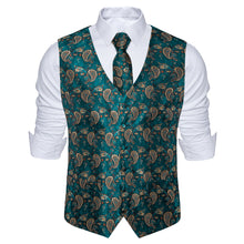 Classic Teal Blue Paisley Jacquard Silk Waistcoat Vest Necktie Pocket Square Cufflinks Suit Set