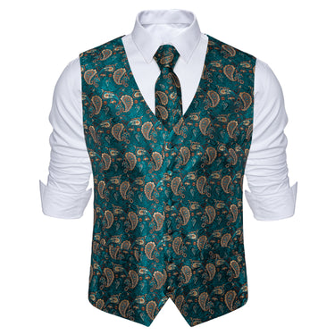 Classic Teal Blue Paisley Jacquard Silk Waistcoat Vest Necktie Pocket Square Cufflinks uit Set