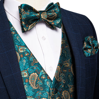 Men's Teal Blue Paisley Jacquard Silk Waistcoat Vest Bowtie Handkerchief Cufflinks Set