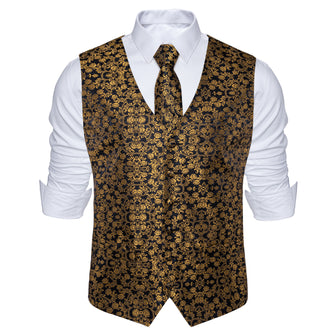 Fashion Gold Floral Jacquard Silk Waistcoat Vest Necktie Pocket Square Cufflinks Suit Set