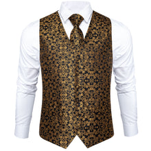 Men's Classic Gold Floral Jacquard Silk Waistcoat Vest Handkerchief Cufflinks Tie Vest Suit Set (4619715903569)