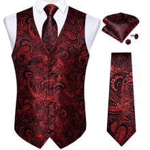 Black Red Paisley Jacquard Silk Waistcoat Vest Necktie Handkerchief Cufflinks Suit Set