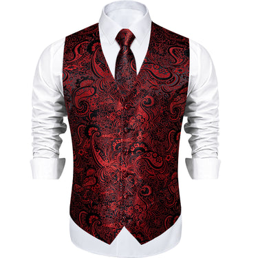 Black Red Paisley Jacquard Silk Waistcoat Vest Necktie Handkerchief Cufflinks Suit Set