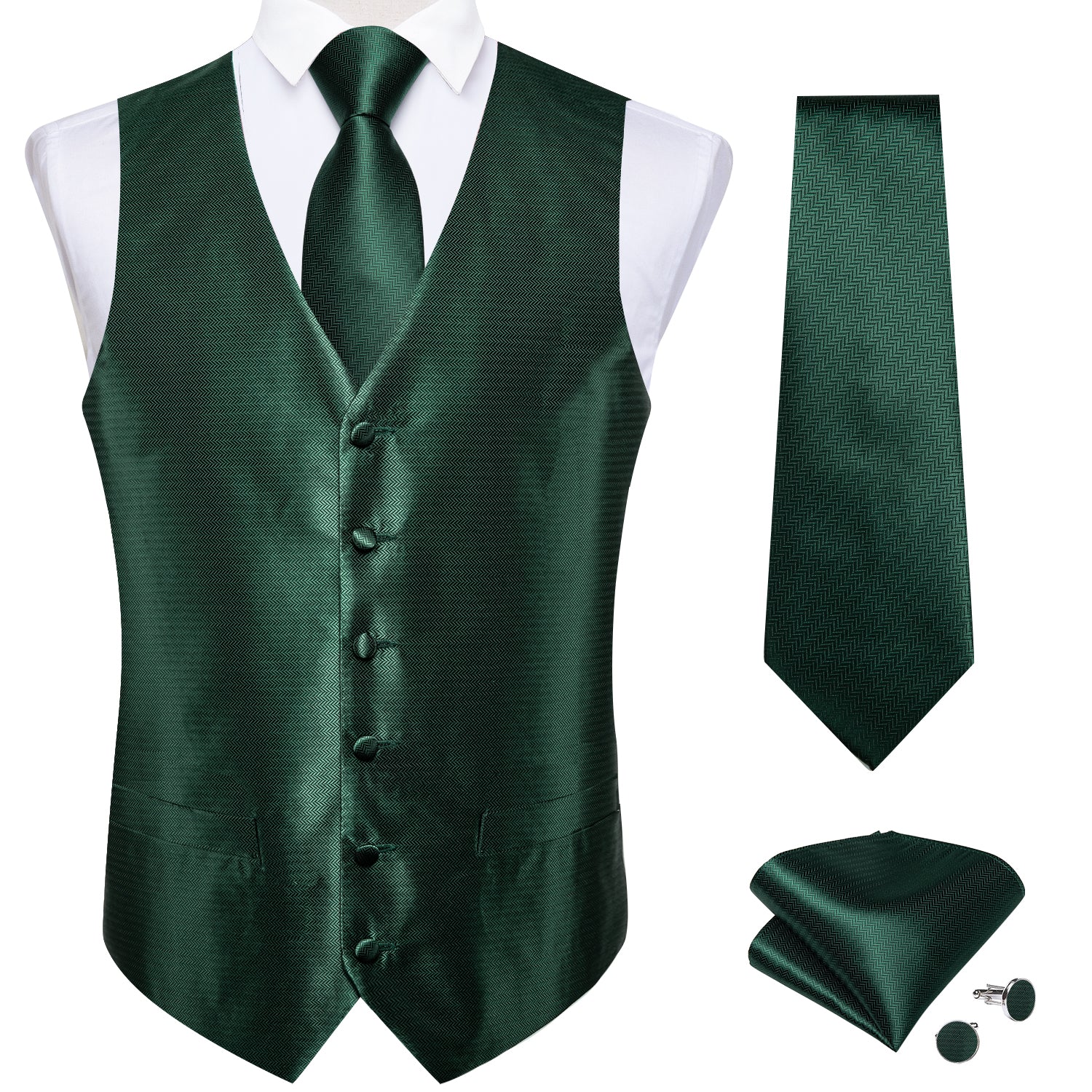 Deep Green Silk Vest Men's Solid Waistcoat Tie Hanky Cufflinks Set, M Deep Green Silk Vest Men's Solid Waistcoat Tie Hanky Cufflinks Set, M
