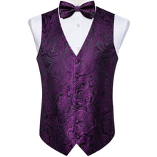 Purple Floral Jacquard Vest Neck Bow Tie Handkerchief Cufflinks Set