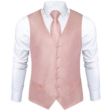 Men's Pink Soild Silk Waistcoat Vest Necktie Handkerchief Cufflinks Set