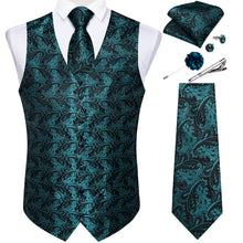 Men's Classic Green Floral Jacquard Silk Waistcoat Vest Tie Handkerchief Cufflinks Clip Pin Set