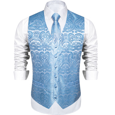 Men's Classic Light Blue Floral Jacquard Silk Waistcoat Vest Tie Handkerchief Cufflinks Suit Set