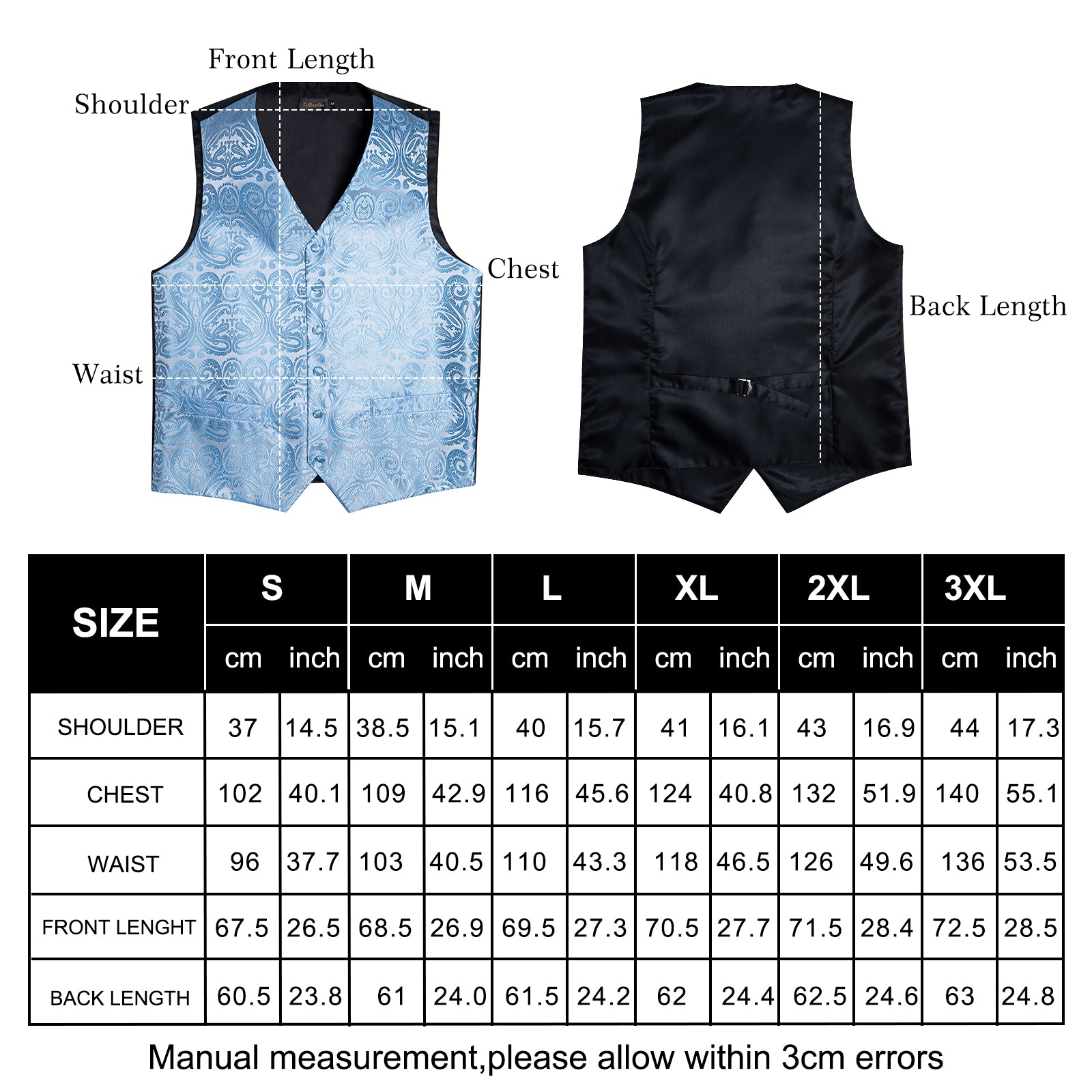 formalwear vests size chart