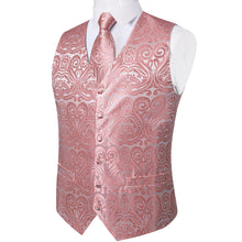 Men's Classic Pink Floral Jacquard Silk Waistcoat Vest Tie Handkerchief Cufflinks Suit Set