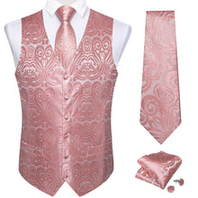 Men's Classic Pink Floral Jacquard Silk Waistcoat Vest Tie Handkerchief Cufflinks Suit Set