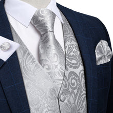 Men's Classic Silver Grey Floral Jacquard Silk Waistcoat Vest Tie Handkerchief Cufflinks Suit Set