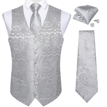 Men's Classic Silver Grey Floral Jacquard Silk Waistcoat Vest Tie Handkerchief Cufflinks Suit Set