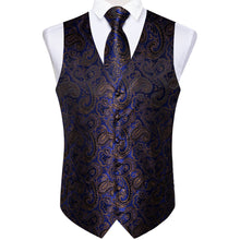 Blue Golden Paisley Jacquard Silk Waistcoat Vest Tie Pocket Square Cufflinks Suit Set