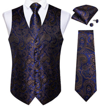 Blue Golden Paisley Jacquard Silk Waistcoat Vest Tie Pocket Square Cufflinks Suit Set