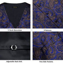 Blue Paisley Jacquard V Neck Waistcoat Vest Tie Handkerchief Cufflinks Clip Pin Set