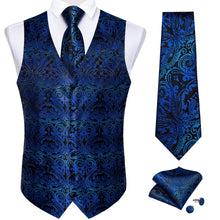Men's Classic Dark Blue Floral Jacquard Silk Waistcoat Vest Tie Handkerchief Cufflinks Suit Set