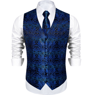 Men's Classic Dark Blue Floral Jacquard Silk Waistcoat Vest Tie Handkerchief Cufflinks Suit Set