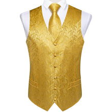 Gold Paisley Jacquard Silk Waistcoat Vest Necktie Handkerchief Cufflinks Suit Set
