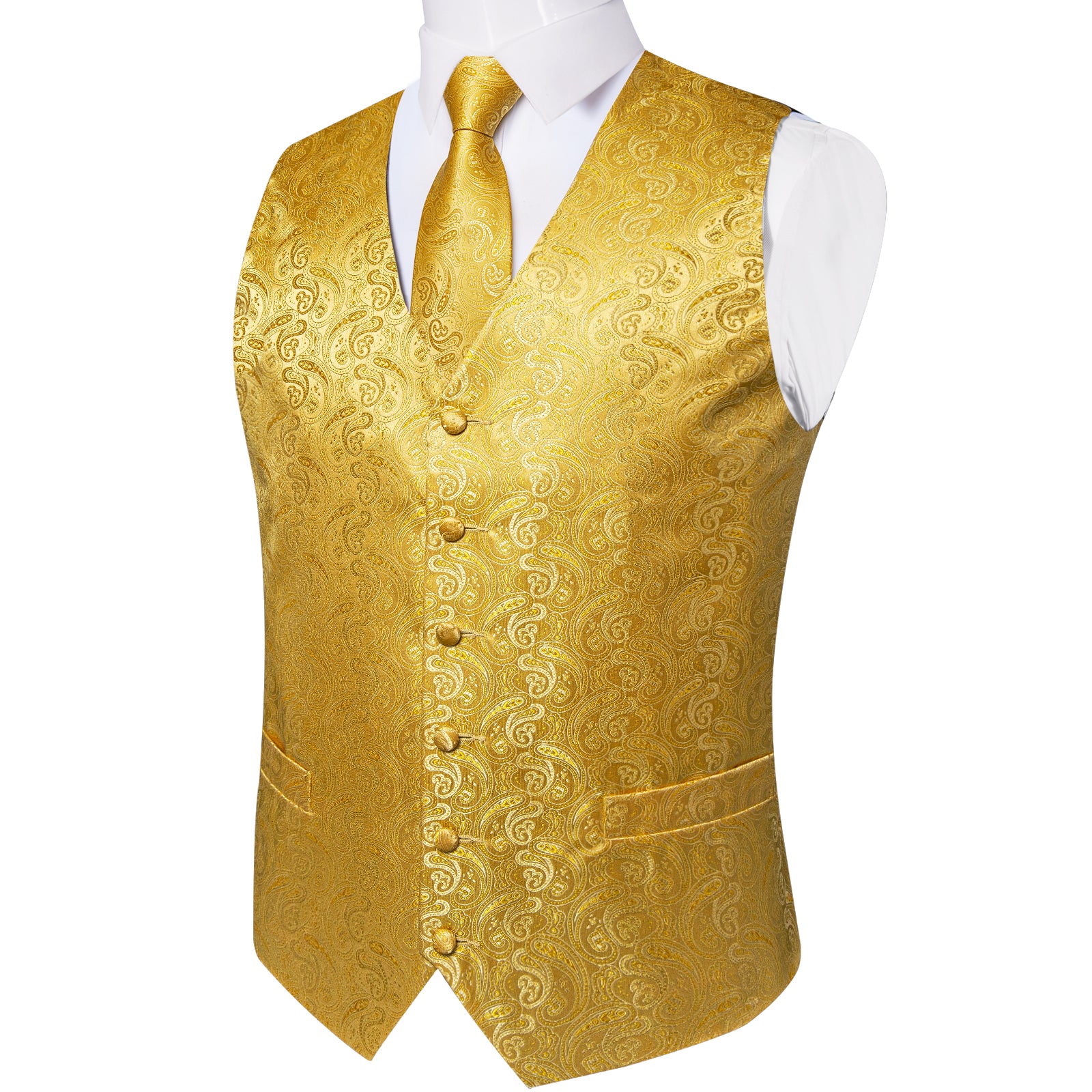 Gold Paisley Jacquard Silk Waistcoat Vest Necktie Handkerchief Cufflinks Suit Set