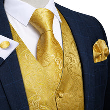 Gold Paisley Jacquard Silk Waistcoat Vest Necktie Handkerchief Cufflinks Suit Set