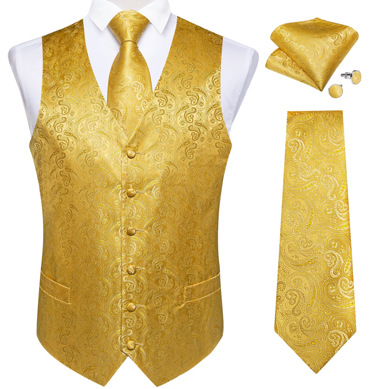 Gold Paisley Jacquard Silk Waistcoat Vest Necktie Handkerchief Cufflinks Suit Set