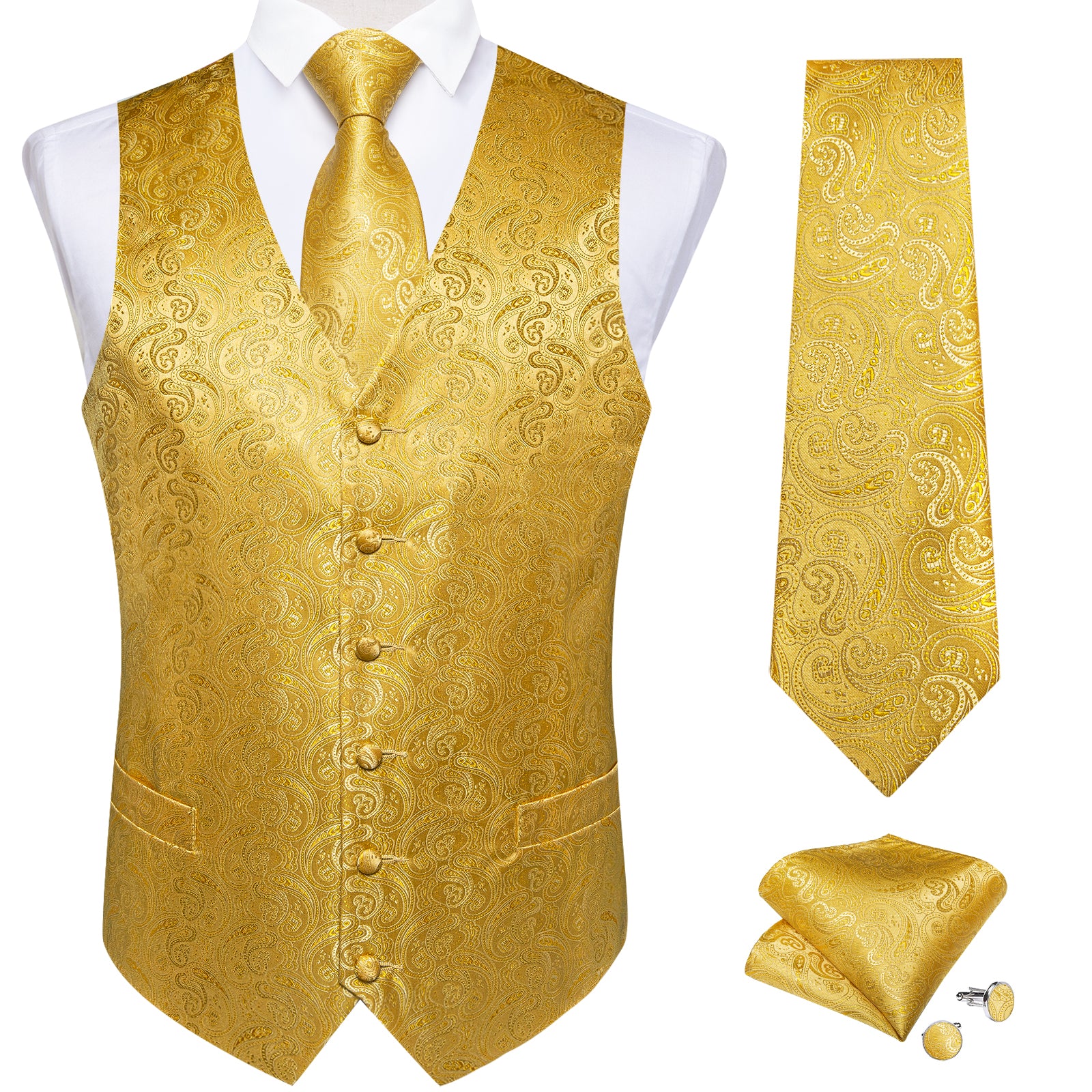 Gold Paisley Jacquard Silk Waistcoat Vest Necktie Handkerchief Cufflinks Suit Set
