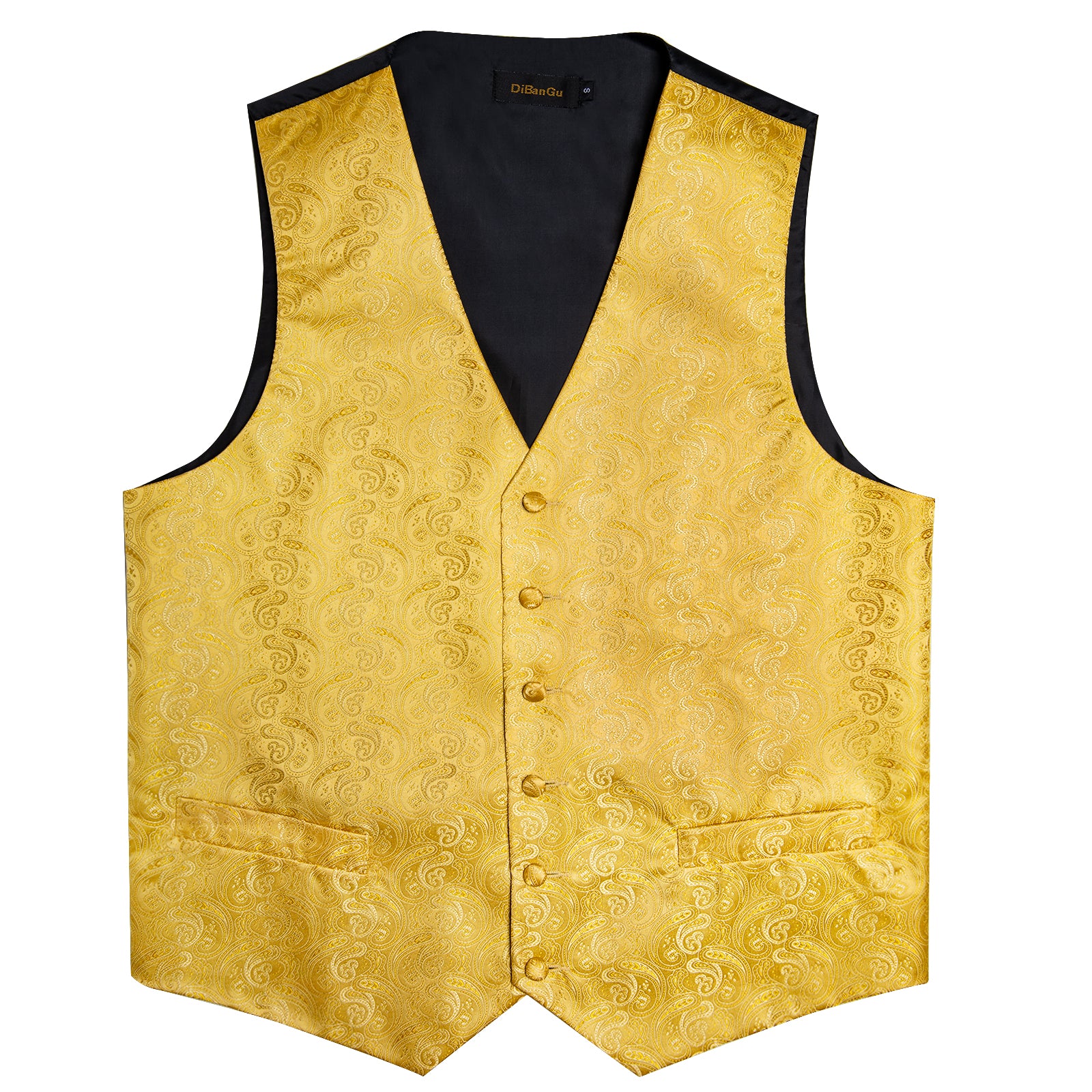 Gold Paisley Jacquard Silk Waistcoat Vest Necktie Handkerchief Cufflinks Suit Set