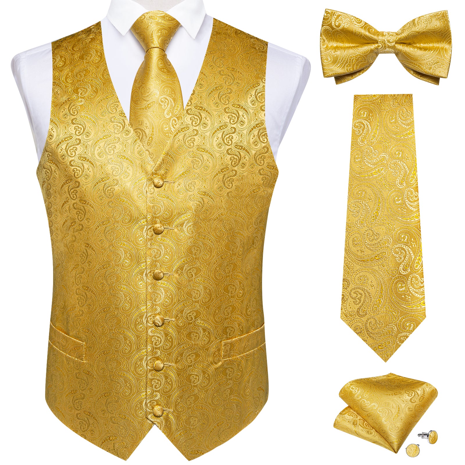 gold vest and bow tie