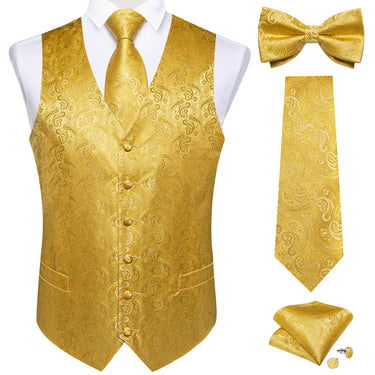 Golden Paisley Jacquard Vest Neck Bow Tie Handkerchief Cufflinks Set